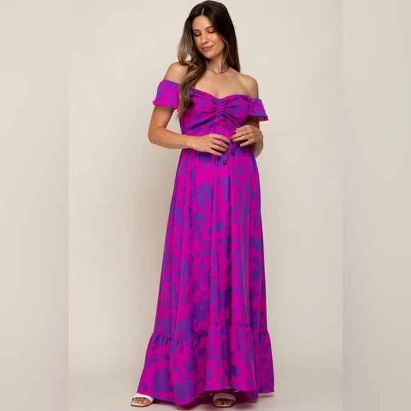 Pinkblush Dress Day Floral Smocked Cinched Maternity Maxi Dress Magenta Large - Picture 1 of 10